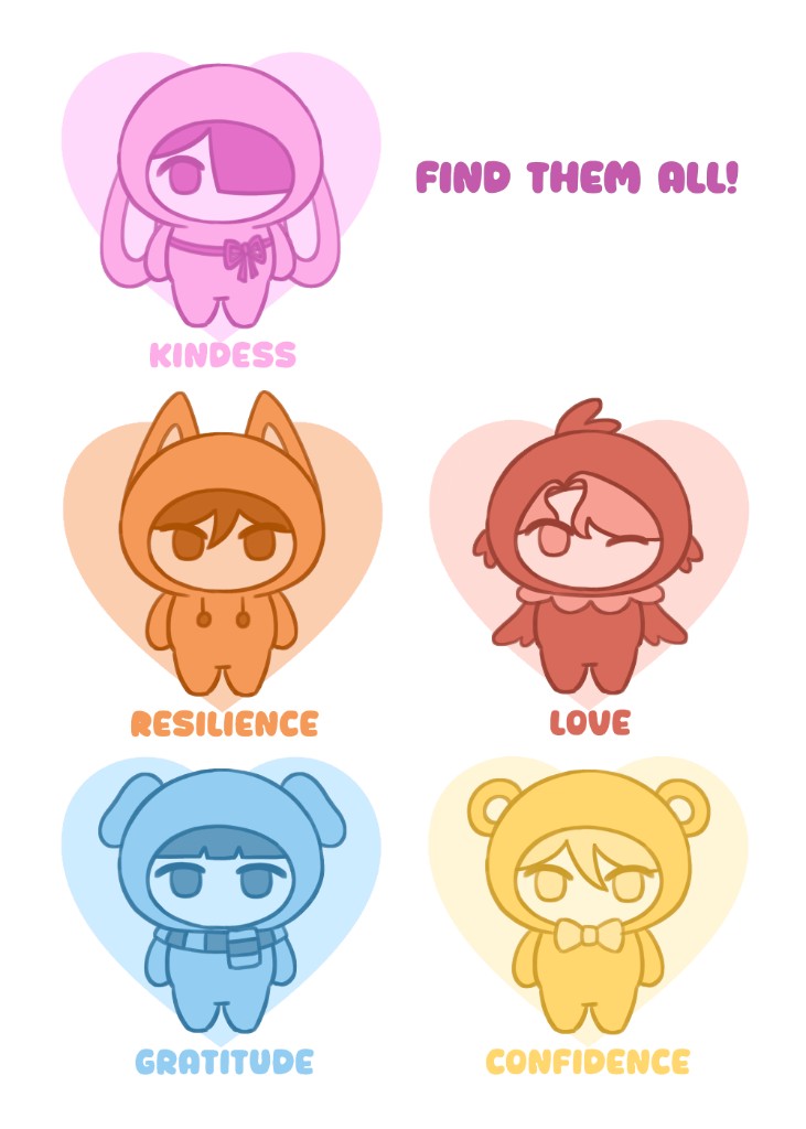 Five Zoonie characters: Kindness, Resilience, Love, Gratitude, and Confidence